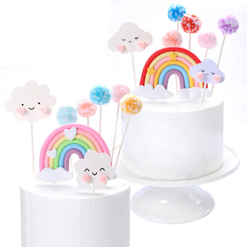 

Polymer Clay Rainbow Cute Smile Cloud Star Theme Cake Topper Beautiful Cotton Balls Kids Favors Party Supplies Cake Decoration