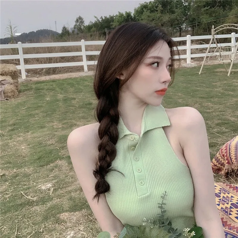 

New fashion polo neck tank top, goes well with a slim fit shape. Thin and sexy, cut off women's clothing.