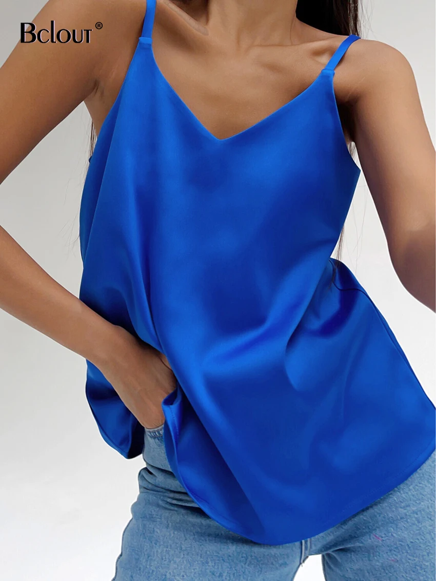 

Bclout элегантные атласные синие Топы для женщин 2022 модные сексуальные рубашки на бретелях с V-образным вырезом топы с внутренней спинкой винт...