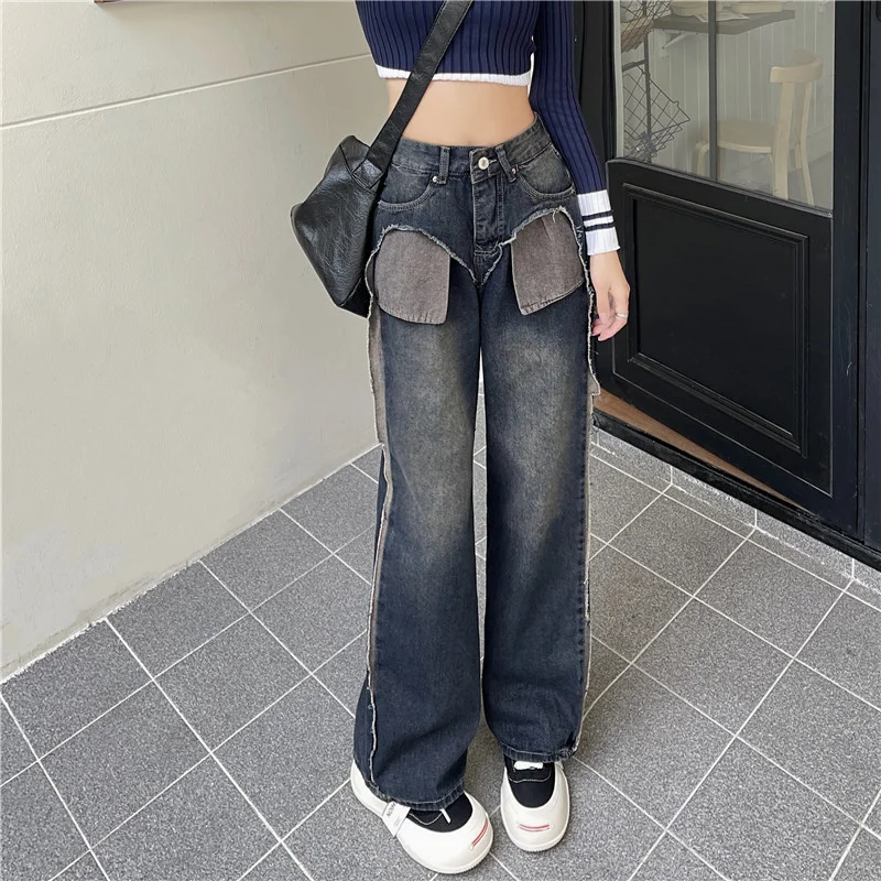 

2023 женские джинсы с высокой талией, широкие брюки в стиле пэчворк, Y2K, одежда, повседневные свободные джинсовые брюки, весенние джинсовые брю...