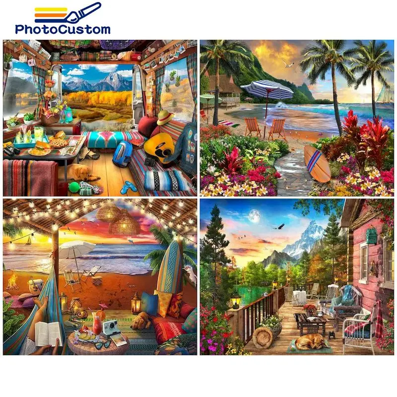 

PhotoCustom Oil Painting By Number Landscape DIY Paint By Numbers On Canvas Home Decoration Diy Frame Digital Painting gift kits
