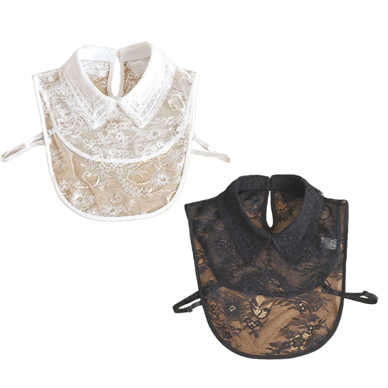 

Korean Style Women Sheer Floral Lace False Collar Detachable Dickey Jacquard Blouse Hollow Out Keyhole Button Pullover Lapel Top