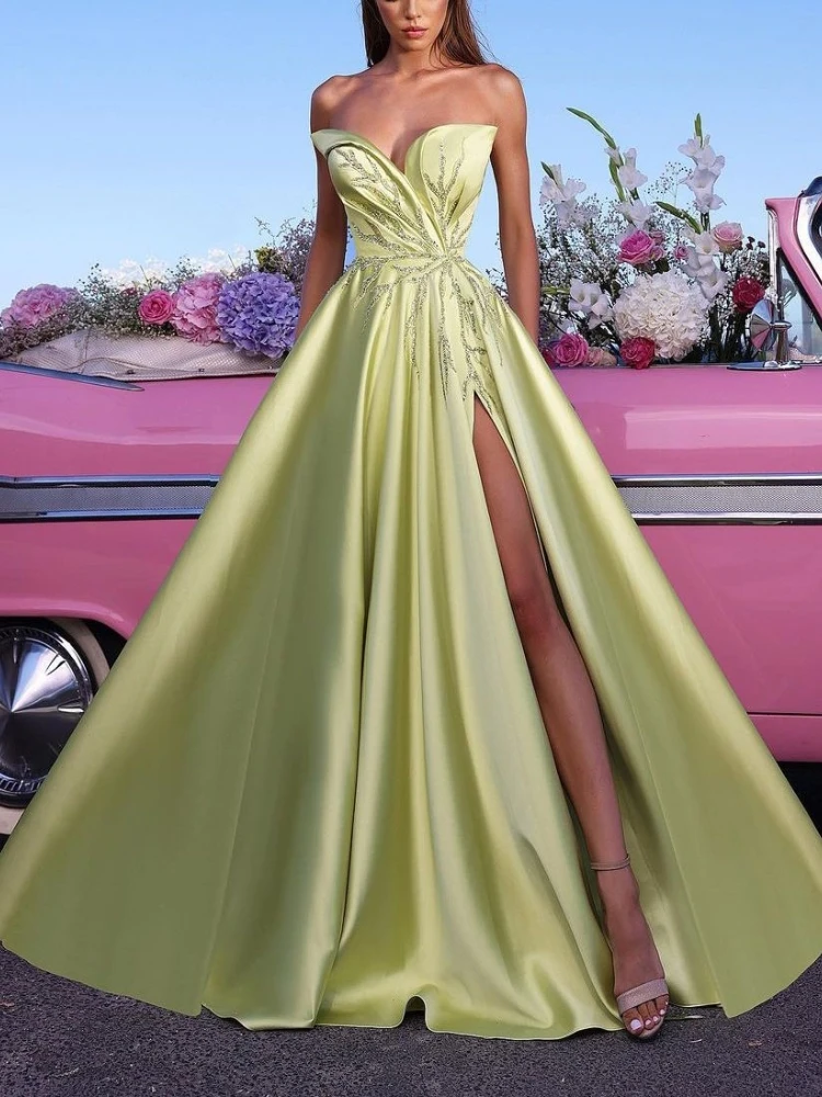 

Modern Floor Length Evening Dresses Sleeveless V Neck Beads Diamonds Prom Gowns Satin Side Slit Custom Made Lace-up Plus Size