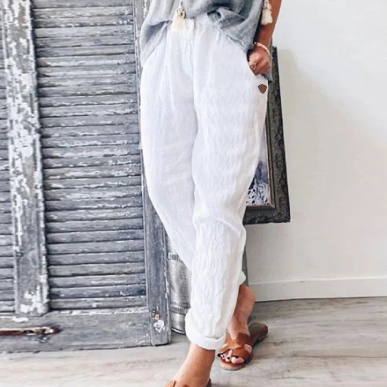 White Cotton Linen Pants For Women 2023 Fashion Loose Full Length Ladies Trousers Casual Elastic Waist Wide Pants For Women
