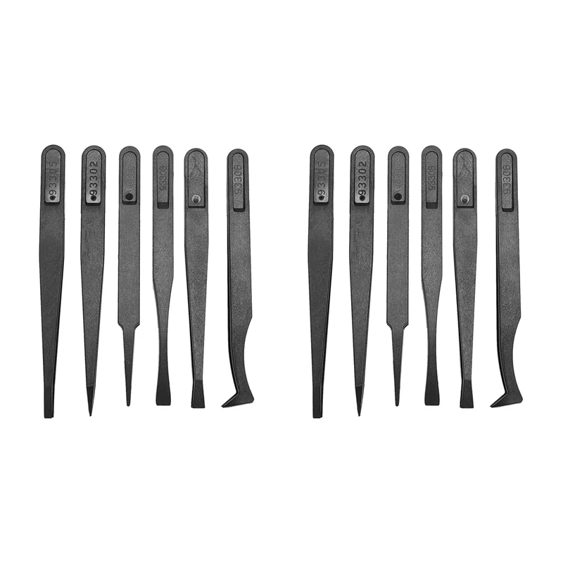 

12PCS Precision Tweezer Set Plastic Anti Static Tool Kit Size 1/2/3/5/6/8 Each One(Black)