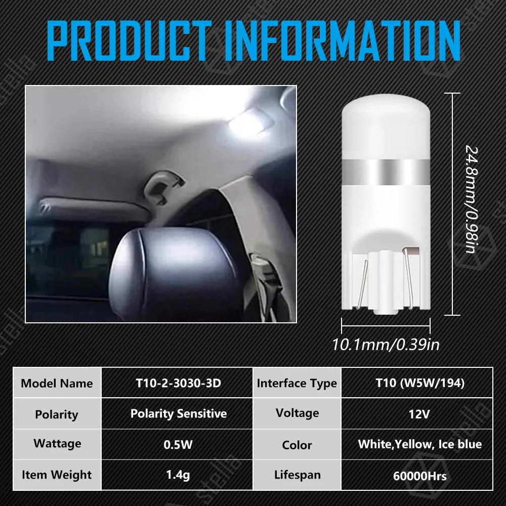 STELLA 50 шт. светодиодная лампа T10 360 градусов светящаяся белая янтарная ледяная