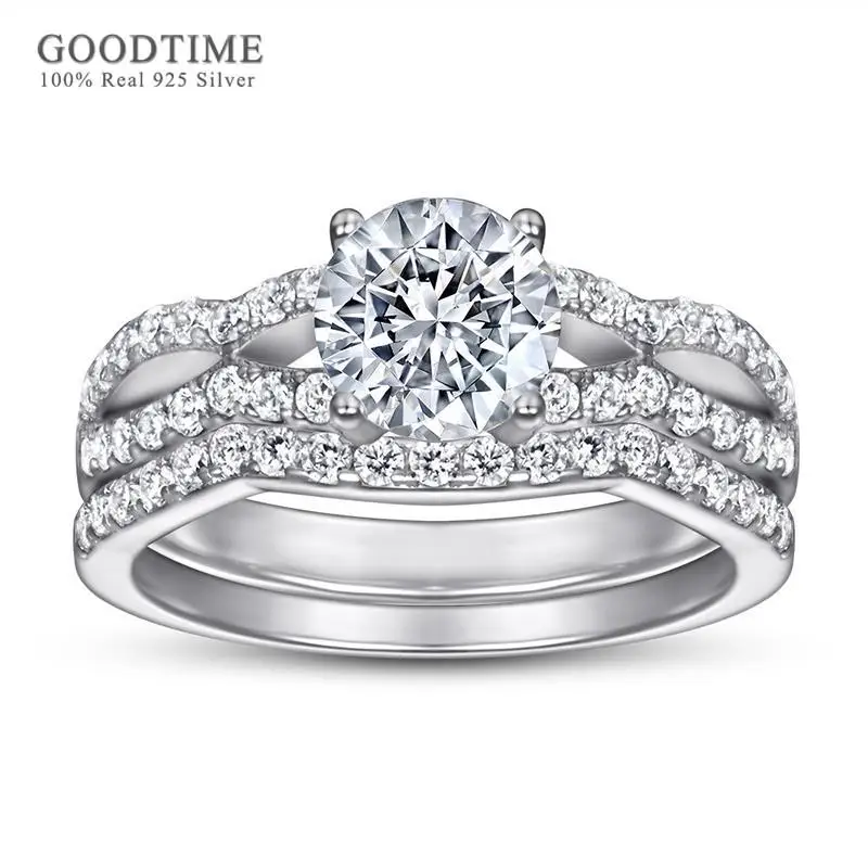 

Trendy Women Jewelry Pure 100% 925 Sterling Silver Princess Zircon Wedding Ring Set Engagement Band Gift For Girl Party