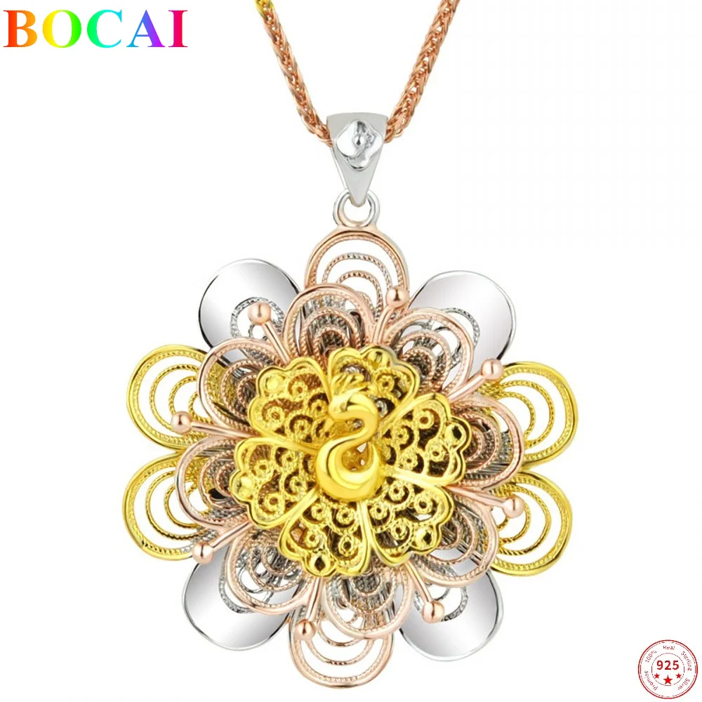 BOCAI 100% Sterling Silver S925 Necklace Women's Thai Silver Three Color Peacock Neck Chain Pure Argentum Valentine's Day Gift