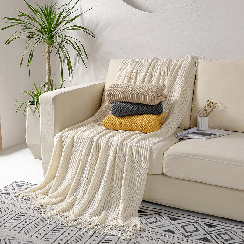 

Inyahome Acrylic Textured Throw Blankets for Couch Bed Sofa Travel Plaids Boho Decorative Blanket with Tassels Manta Para Sofá