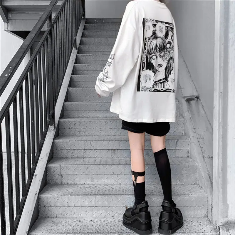 Long Sleeve Horror Manga T Shirt for Men Women Harajuku Fairy Grunge Tshirt Graphic Tee Korean Clothes Junji Ito Clothing Tops | Женская
