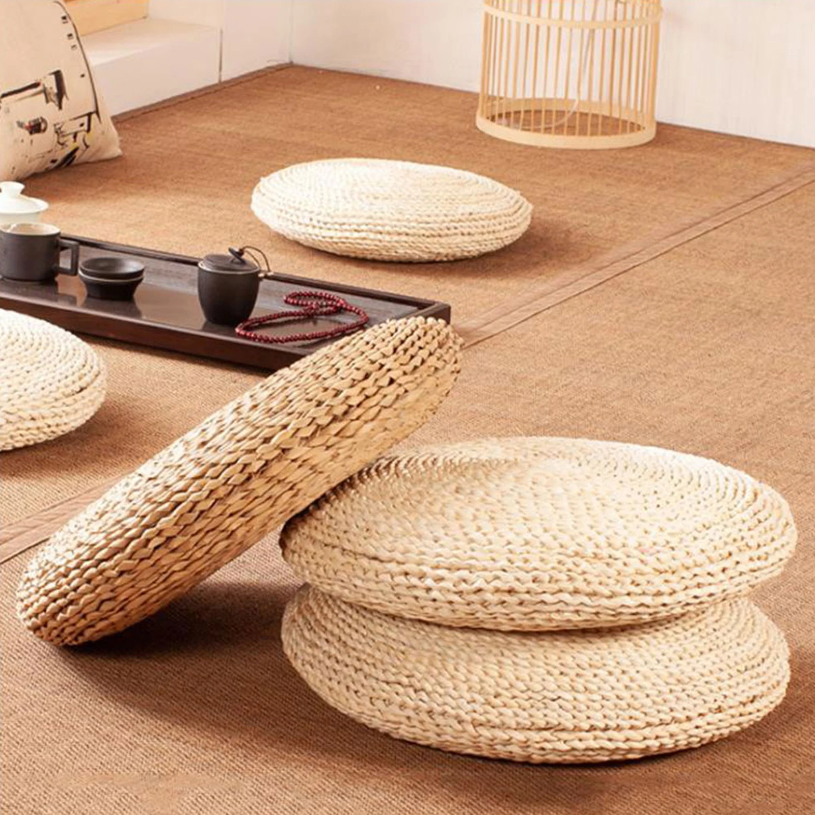 

Natural Rattan Woven Cushion Japanese Style Meditation Tatami Yoga Round Cushion Chair Seat Pad Mat Home Decoration