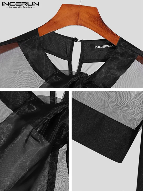 Fashion Casual New Men Organza Thin Blouse Stylish See-through Loose Comfortable Lap Long Sleeve Shirts S-5XL INCERUN Tops 2022