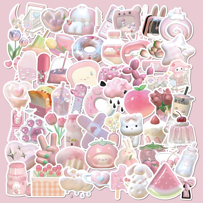 63pcs Cute Girls Pink Cartoon Stickers Aesthetic Decoration For Fridge Phone Notebook Stationery Wall Decals Kids DIY Toy