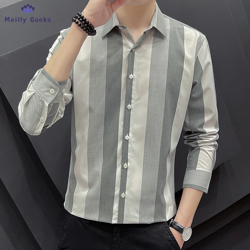 Meilly Gecko 2022 Long Sleeves Spring And Autumn Stripe Men Summer Thin Business Leisure Blouse Autumn Clothes Jacket Shirt
