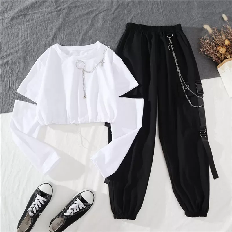 Autumn Women Harajuku Cargo Pants Handsome Cool Two-piece Suit Chain Long Sleeve+Ribbon Pants