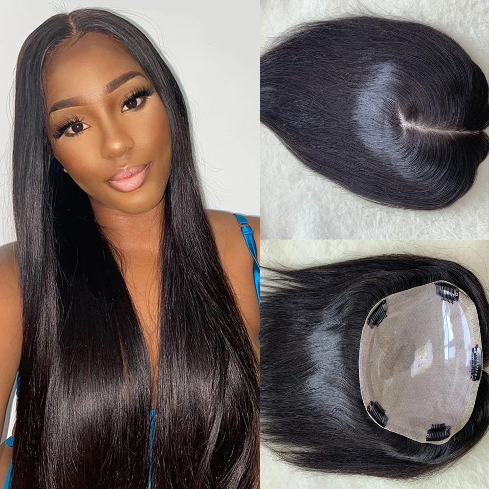 

Natural Black Full Silk Base Toupee Clip in Hair Extensions Toupee Hairpieces Human Hair For Women Silk Base For Thinning Hair