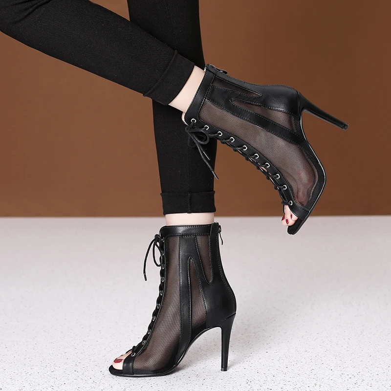 Black Women Lace-UP Latin Dance Shoes High Heels Outdoor Tango Dancing Boots Open Toes Soft Soles Casual Outdoor Dancing Shoes