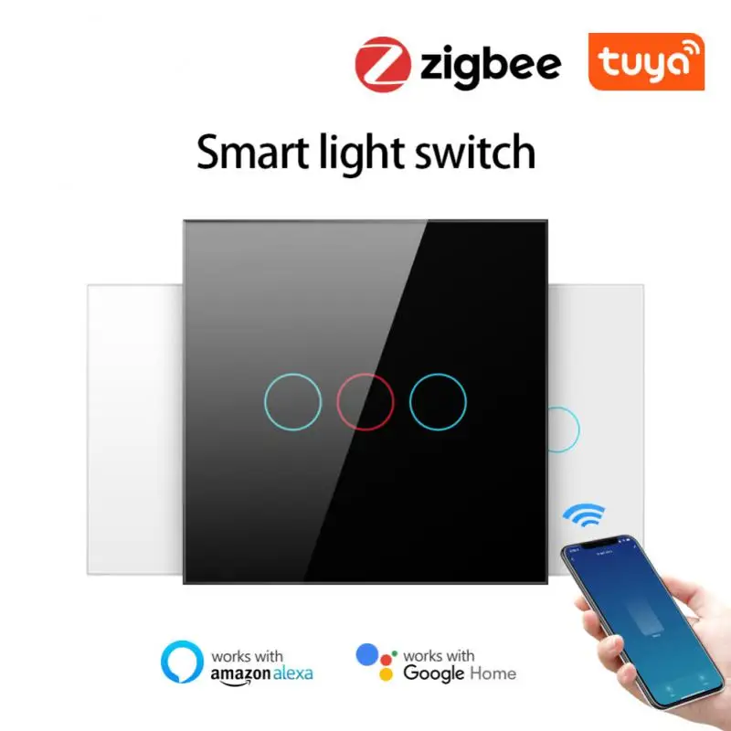

Zigbee Tuya Smart Switch,No Neutral Wire Required No Capacitor 1/2/3 Gang Light Touch Switch Works With Amazon Alexa Google Home