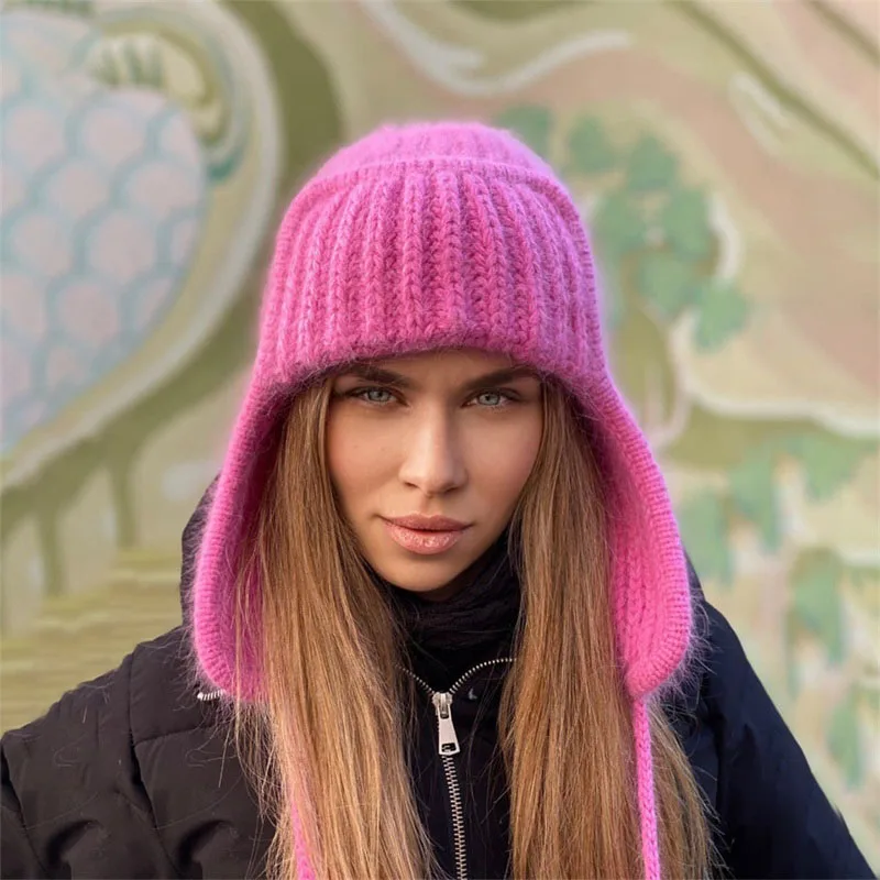 

Winter Ladies Woolen Hat Women Solid Color Flanging Tie Up Ear Protection Windproof Warm Cap Bomber Hats шапки зимние меховые