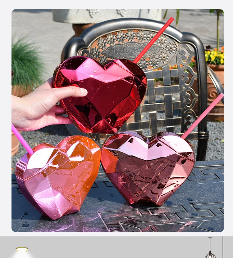 

2022 Special-Shaped Water Cup Creative Heart-Shaped Plastic Straw Cup Net Red Love Cup Valentine'S Day Straw Cup