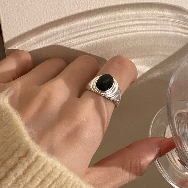 

VENTFILLE Silver Color Black Agate Ring For Women Girl Simplicity Vintage Jewelry 925 Stamp Birthday Gift Dropshipping Wholesale