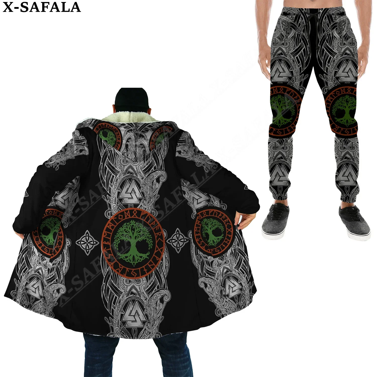 Толстая теплая плащ с капюшоном и брюки принтом символа викингов