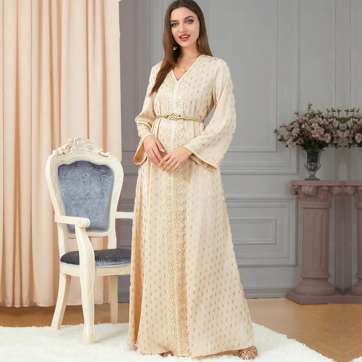 

Wepbel Muslim Dress Premium Long Sleeve Jalabiya Islamic Clothing Dress Bronzing Abaya Robe V-neck Ramadan Kaftan Robe Hijab