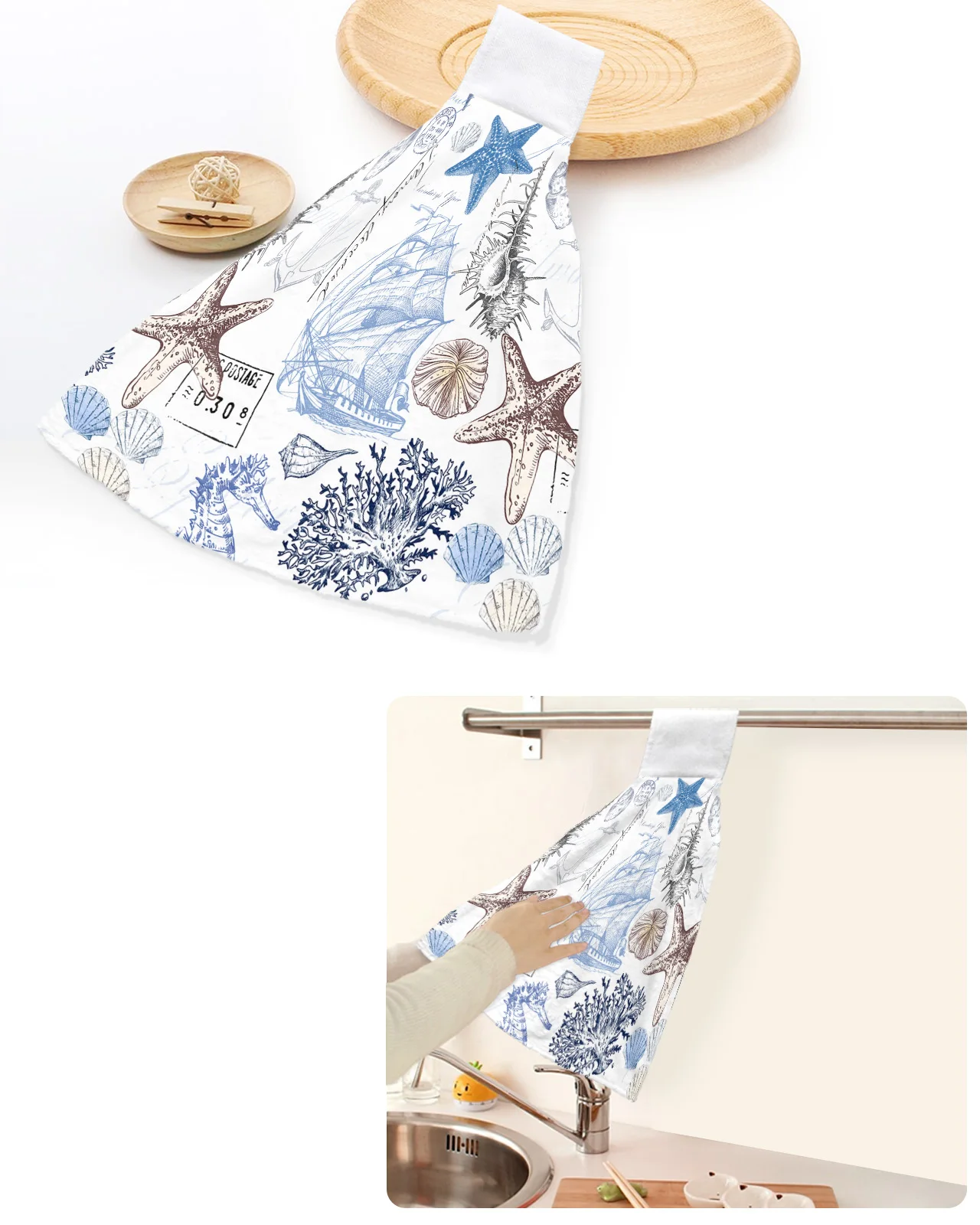 

Ocean Starfish Coral Vessel Shell Hand Towels Home Kitchen Bathroom Hanging Dishcloths Loops Soft Absorbent Custom Wipe Towel