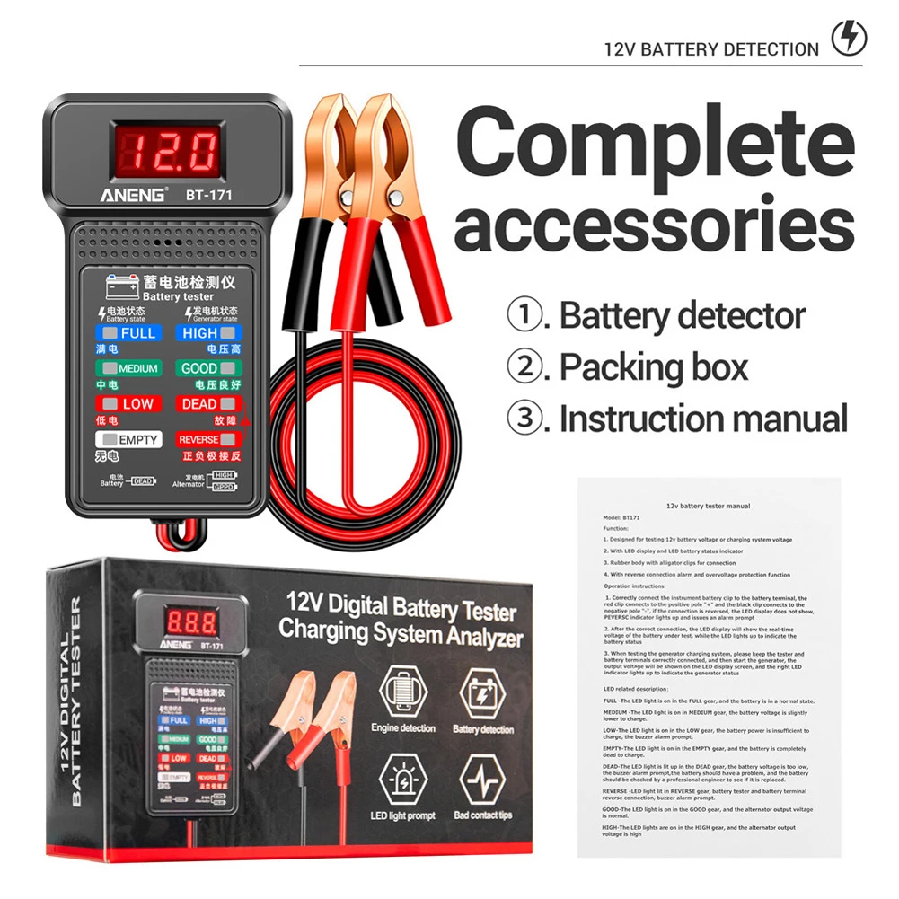 

BT-171 Auto Battery Tester Monitor Panel Gauge-Battery Status-Indicator 12V Car Electric Quantity Detector Diagnostic Tool