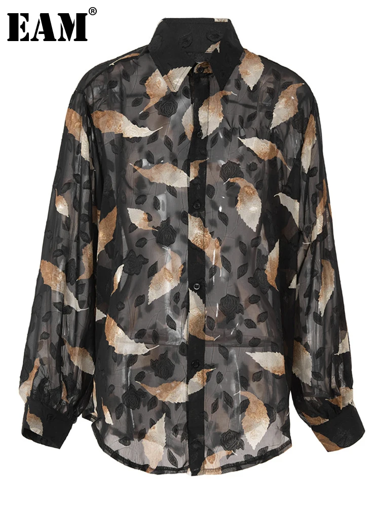 

[EAM] Women Black Printed Big Size Perspective Blouse New Lapel Long Sleeve Loose Fit Shirt Fashion Spring Autumn 2023 1DF9544