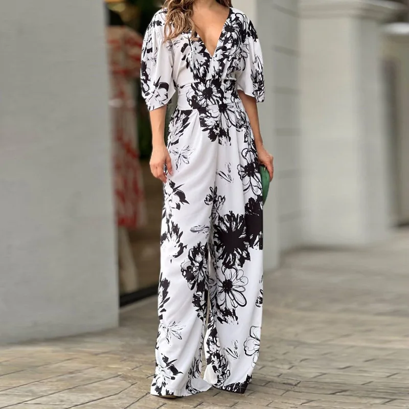 2023 Summer New Women's Ins Fashion Elegant Print Bat Sleeve Waist V-neck Jumpsuit