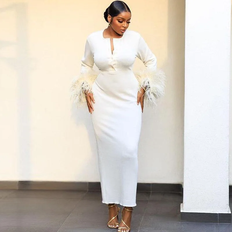 

Однотонное трикотажное Ребристое облегающее Макси-платье, женские вечерние платья с длинным рукавом и перьями для ночного клуба, Элегантное однобортное женское платье