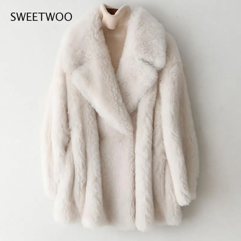 New Luxury Faux Fur Coat Women Turn Down Collar Sheep Fur Jacket Female Winter Warm Thick Slim Fur Overcoat Outerwear Tide 2022