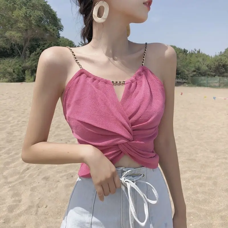 

Sexy Metal Chain Crop Top Irregular High Waist Pink Zevity Camisole High Street All Match Open Back Solid Color Tank Top Women