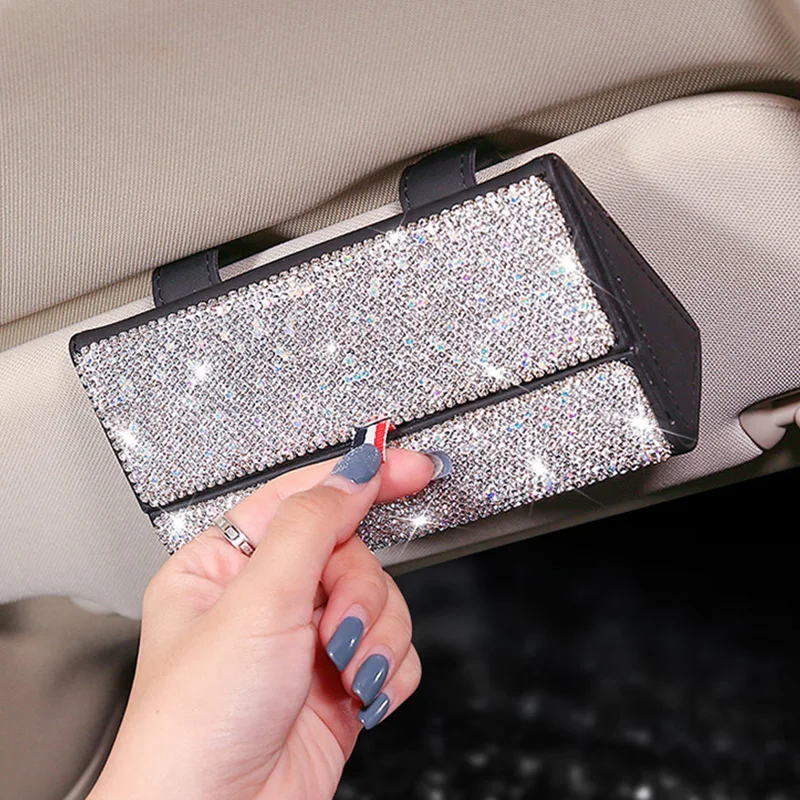 

Bling Crystal Car Interior Visor Sunglasses Holder Eyeglass Storage Case PU Leather Car Visor Accessories Glasses Organizer
