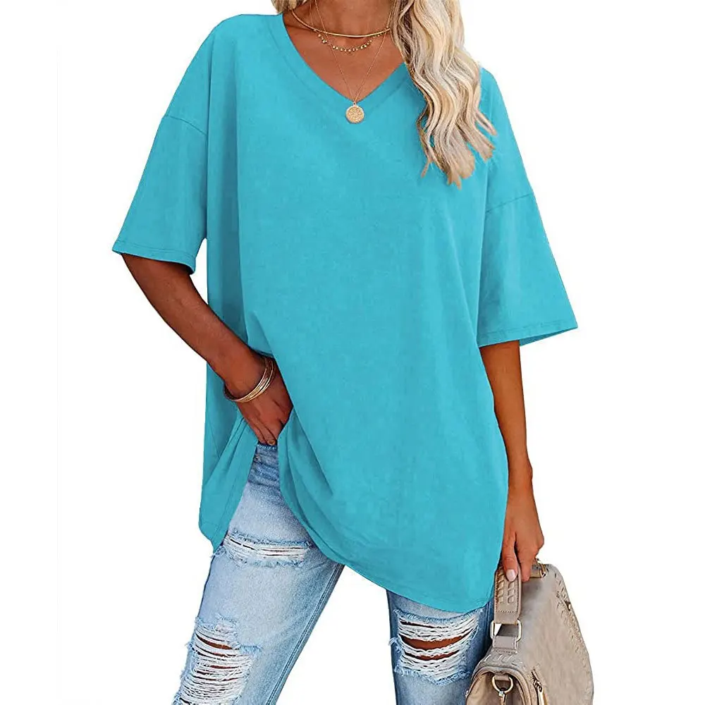 

2022 Women's Tops Solid Color Casual 100% Cotton Summer V-Neck Short Sleeves grey