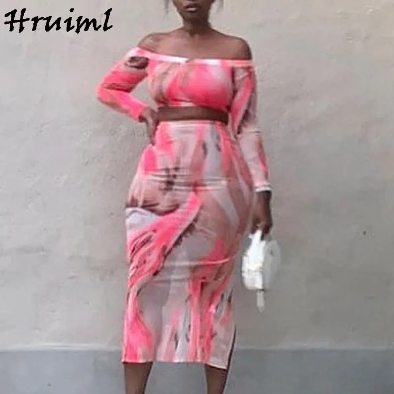 

Two Peice Set for Women Slash Neck Long Sleeve Blouse&women Skirts Sexy Print Skirt Set Party Off Shoulder Mesh See Through
