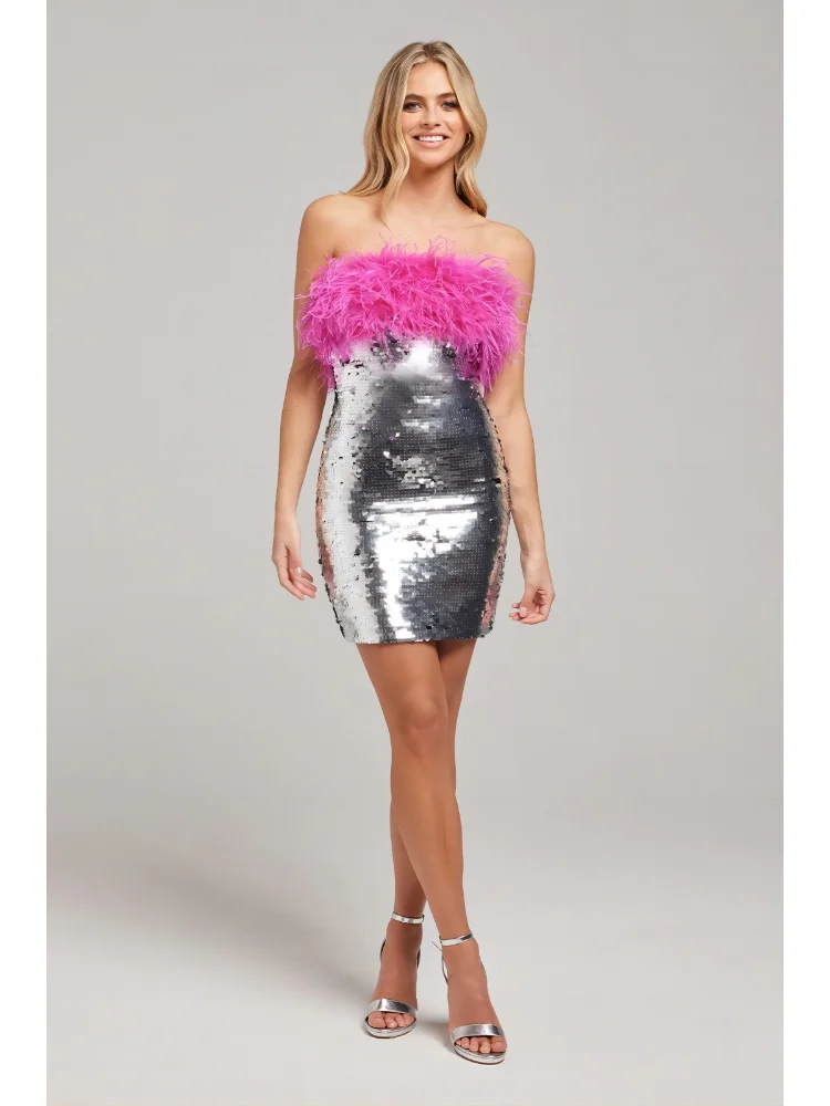 BEVENCCEL Sexy New In Feather Sequins Strapless Slash Neck Bodycon Mini Dress for Women Elegant Party Evening Club Dresses 2023