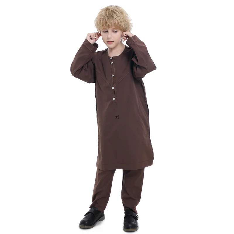 Muslim Muslim Arab Boy Thobe Children Abaya Ramadan Jubba Thobe Dress Pant Set 2 Piece Caftan Robe Kaftan Musulman Ensembles