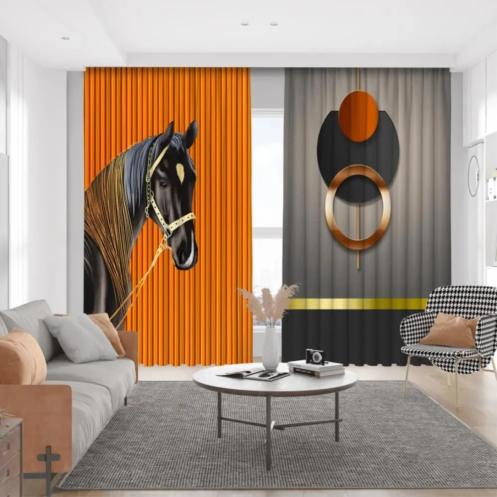 Роскошные черно-белые 3d-занавески в виде лошадей на оранжевом фоне современные