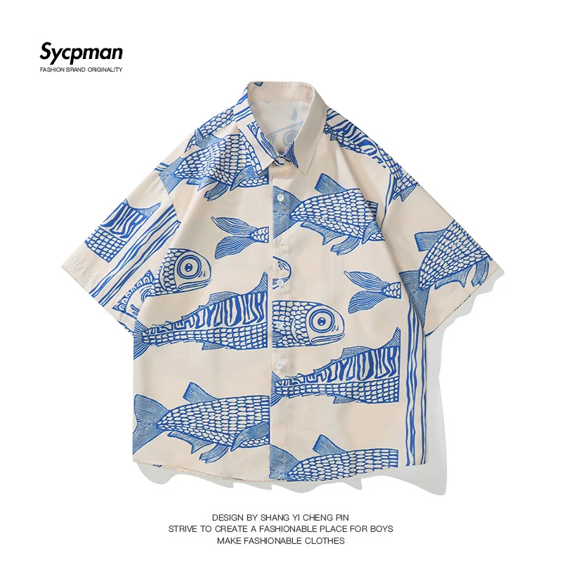 Oversized American Style 2022 Summer Fried Street Fashion Small Fish Print New Personalized Mens Casual Shirts
