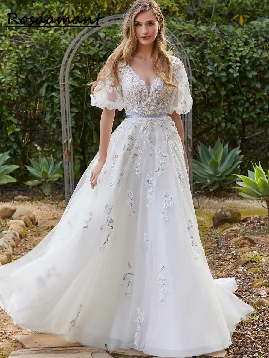 

Кружевное свадебное платье трапециевидной формы с открытыми плечами, v-образным вырезом и короткими рукавами, свадебное платье принцессы, ...