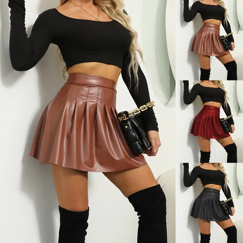 

2022 New Solid Color High Waist Skirt Pleated Small Leather Skirt Spring Summer Fashion A-line Skirts for Women Student Skirt