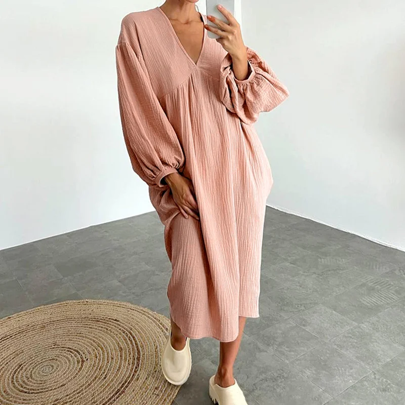 

New 2023 Women Sleeping Dress Lantern Sleeve V Neck Dresses Bathrobe Bride Gift Nightwear Cotton Crepe Soft Nightgown Sleep Robe