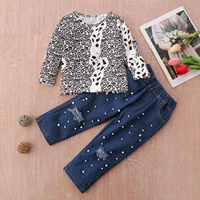 infant baby girls outfit set spring and autumn leopard print jacket pearl denim pants two piece childrens suit