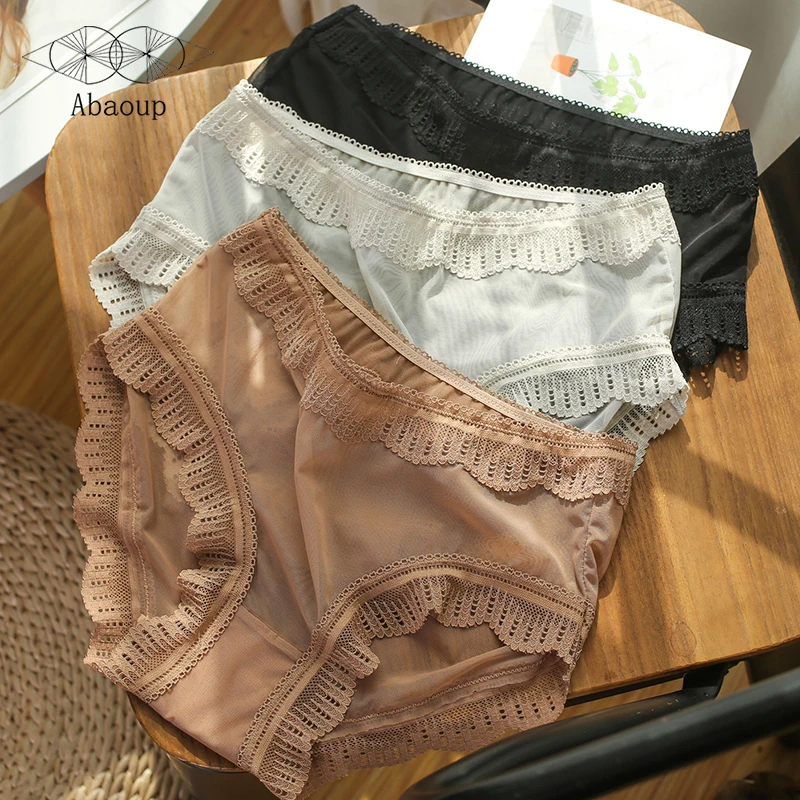 

4Pcs Female Panties Sexy Briefs Lace Women Ice silk thin Breathable underpants Cotton Fashion No trace underwear pink white