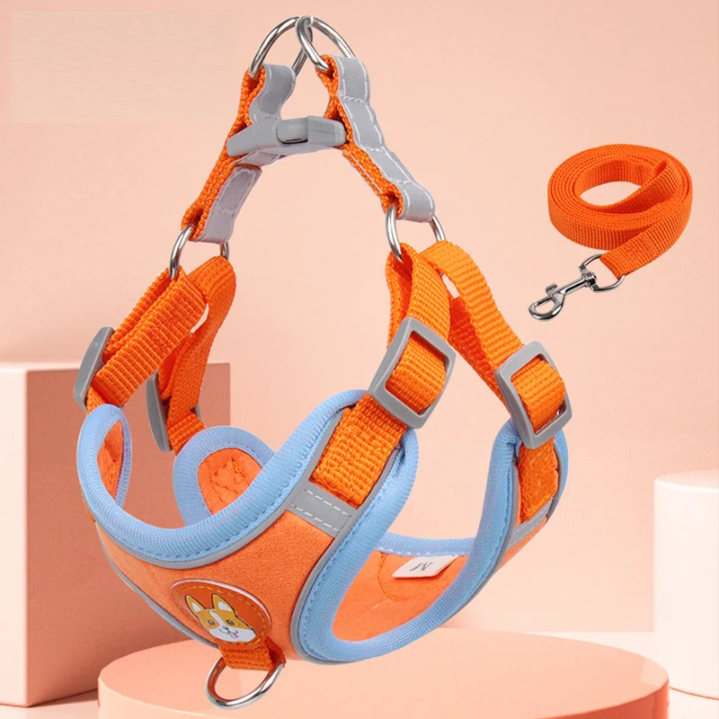 

Suede Dog Harness Collar Reflective Pet Chest Strap Adjustable Outdoor for Puppy Small Medium Dogs Stuff Training Vest Leash Set