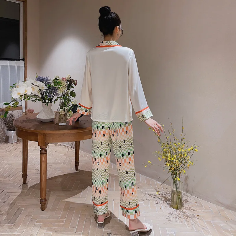 Ice Silk Pajamas Suit for Women 2023 Spring and Autumn New Long-Sleeved Trousers Comfortable Letter Cardigan Casual Outdoor Home