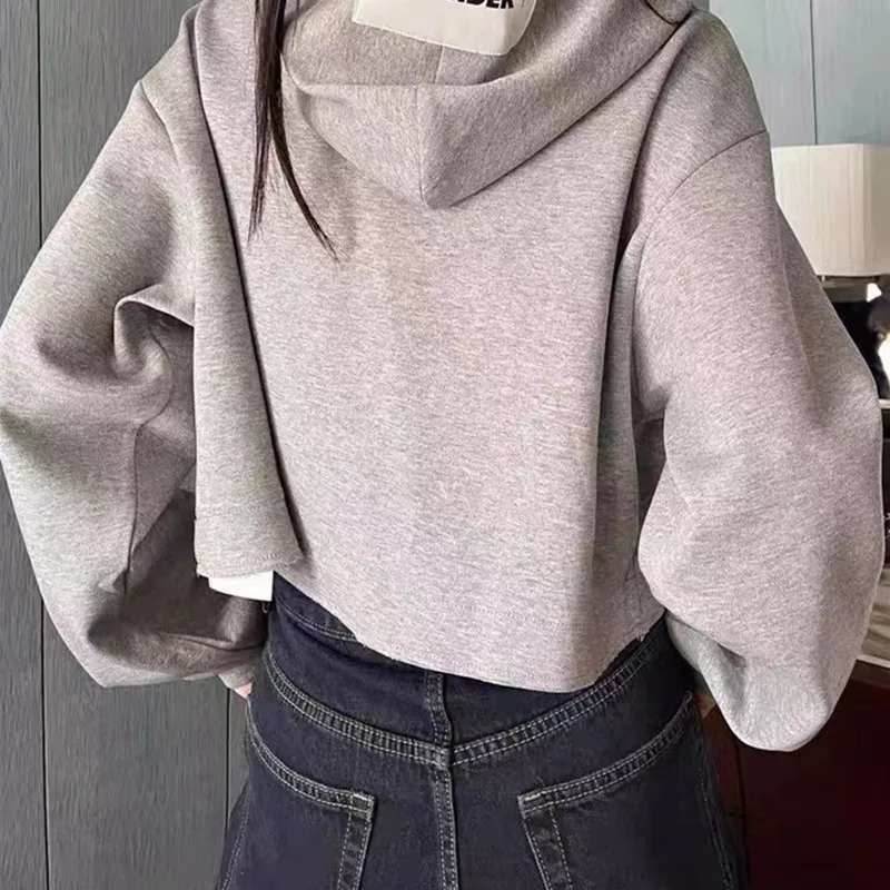 

Black or Grey Women Letter Print Casual Long Sleeve Hoodie Autumn New 2022 Female Simple Hooded Drawstring Short Pullover Tops