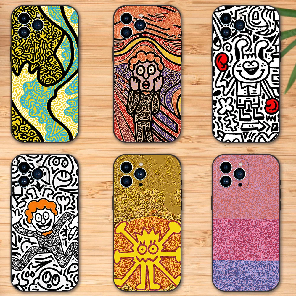 Graffiti-Art Mr Doodle Phone Case for iPhone 12 11 13 14 15 16 Max Pro Plus Black Soft Silicone Cover